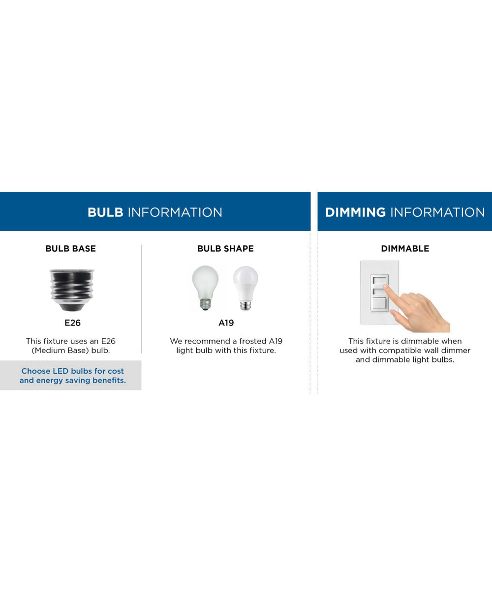 Bulb information for brushed nickel bath vanity light, including E26 base and A19 bulb shape, and dimmable feature.
