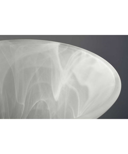 Close-up of the etched alabaster glass shade from the brushed nickel bath vanity light.