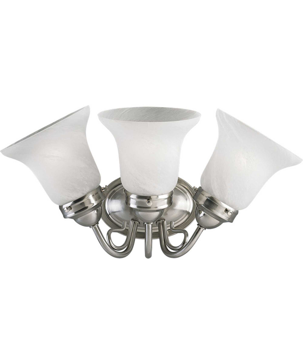 Brushed nickel bath vanity light with three alabaster glass shades for elegant bathroom illumination.