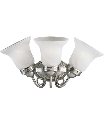 Brushed nickel bath vanity light with three alabaster glass shades for elegant bathroom illumination.